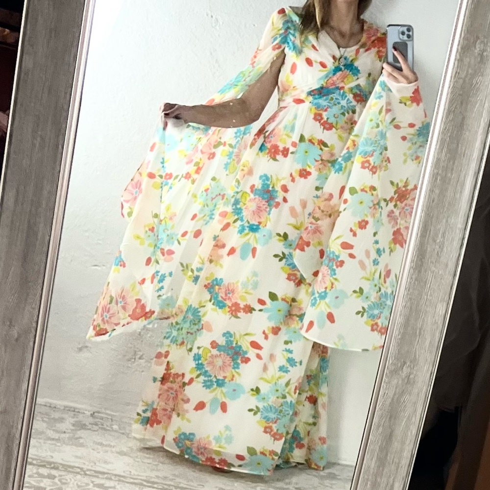 ✨VINTAGE!!✨🧚♀️ 1970s Fairy Core Floral Maiden Boho Renaissance Faire Dress